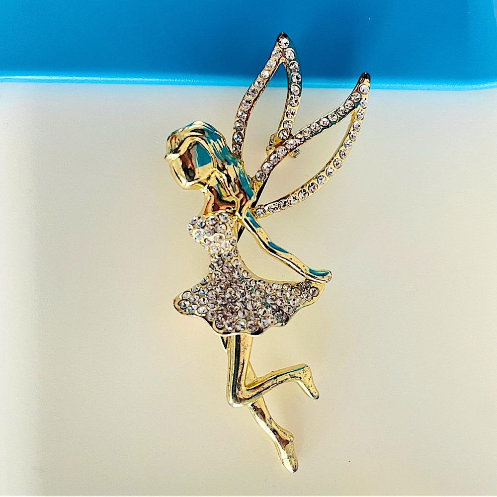 Tinker Bell Swarovski Crystal Diamond Like Pin Gold Coloured Broach Jewelry